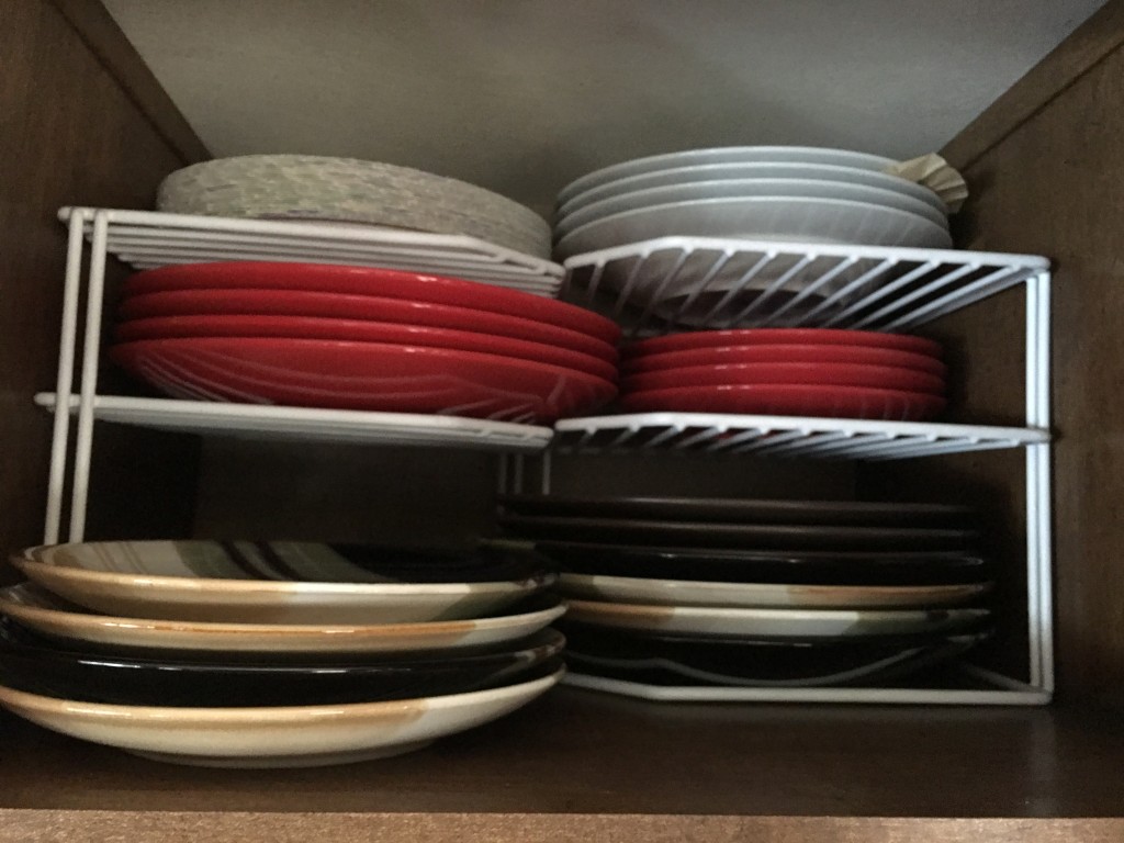 I had these plate holders already in my previous home, so I used them opposite each other in same cabinet to get the most space for my plates. 